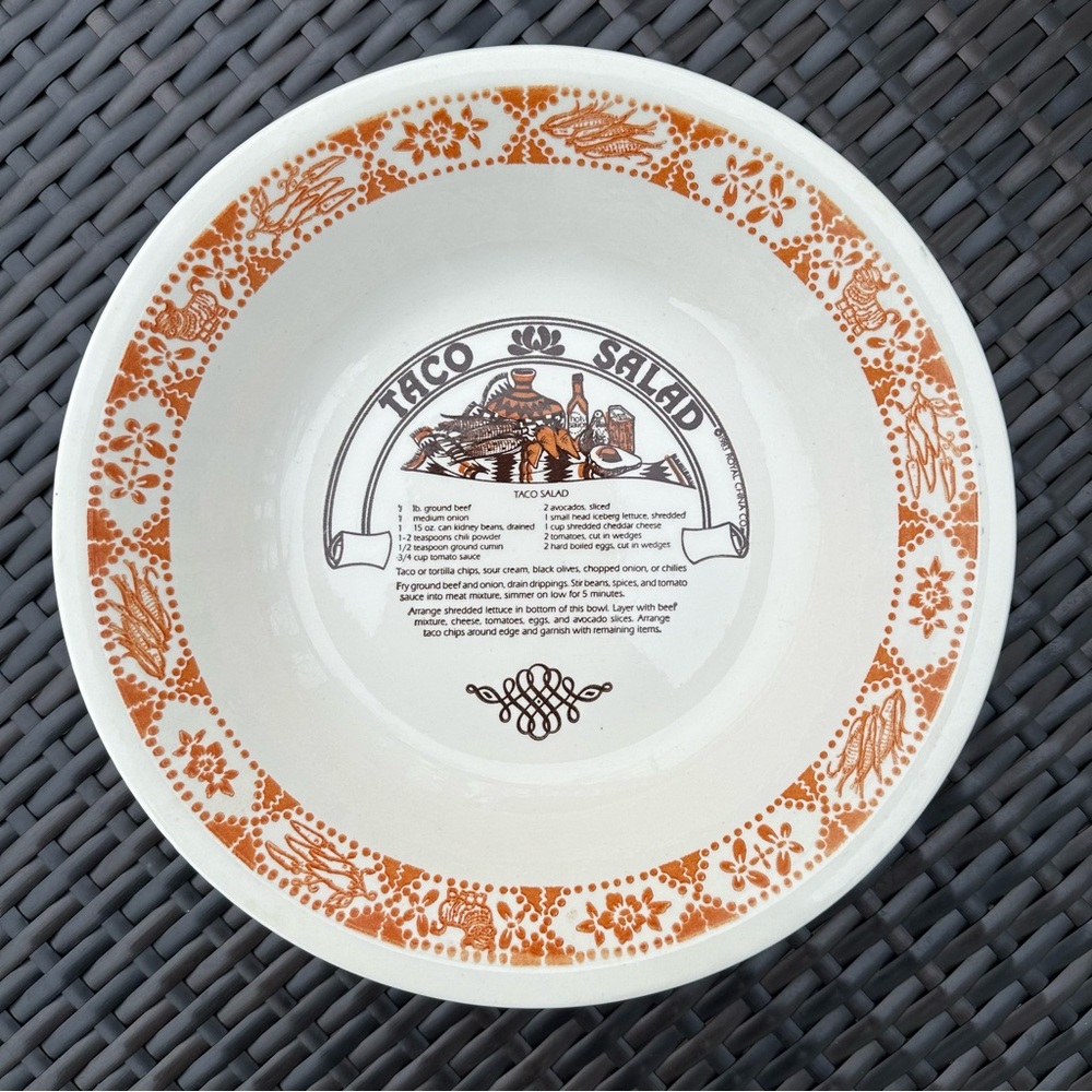 Vintage 80’s 1983 Ceramic Taco Salad Recipe Salad Bowl